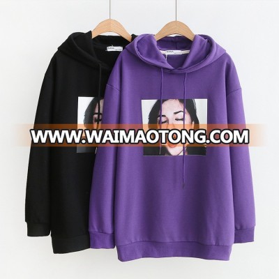 Autumn winter logo printing dropped shoulder women fleece pullover hoodies